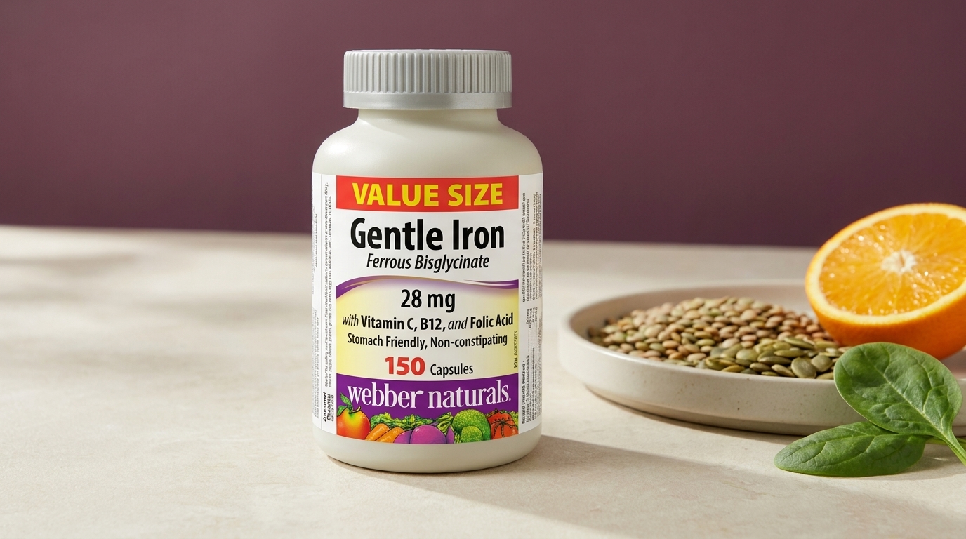 Biela fľaštička Webber Naturals Gentle Iron 28 mg s bisglycinátom železnatým na svetlom kamennom pulte, vedľa misky so šošovicou a tekvicovými semienkami, polovicou pomaranča a listami špenátu.