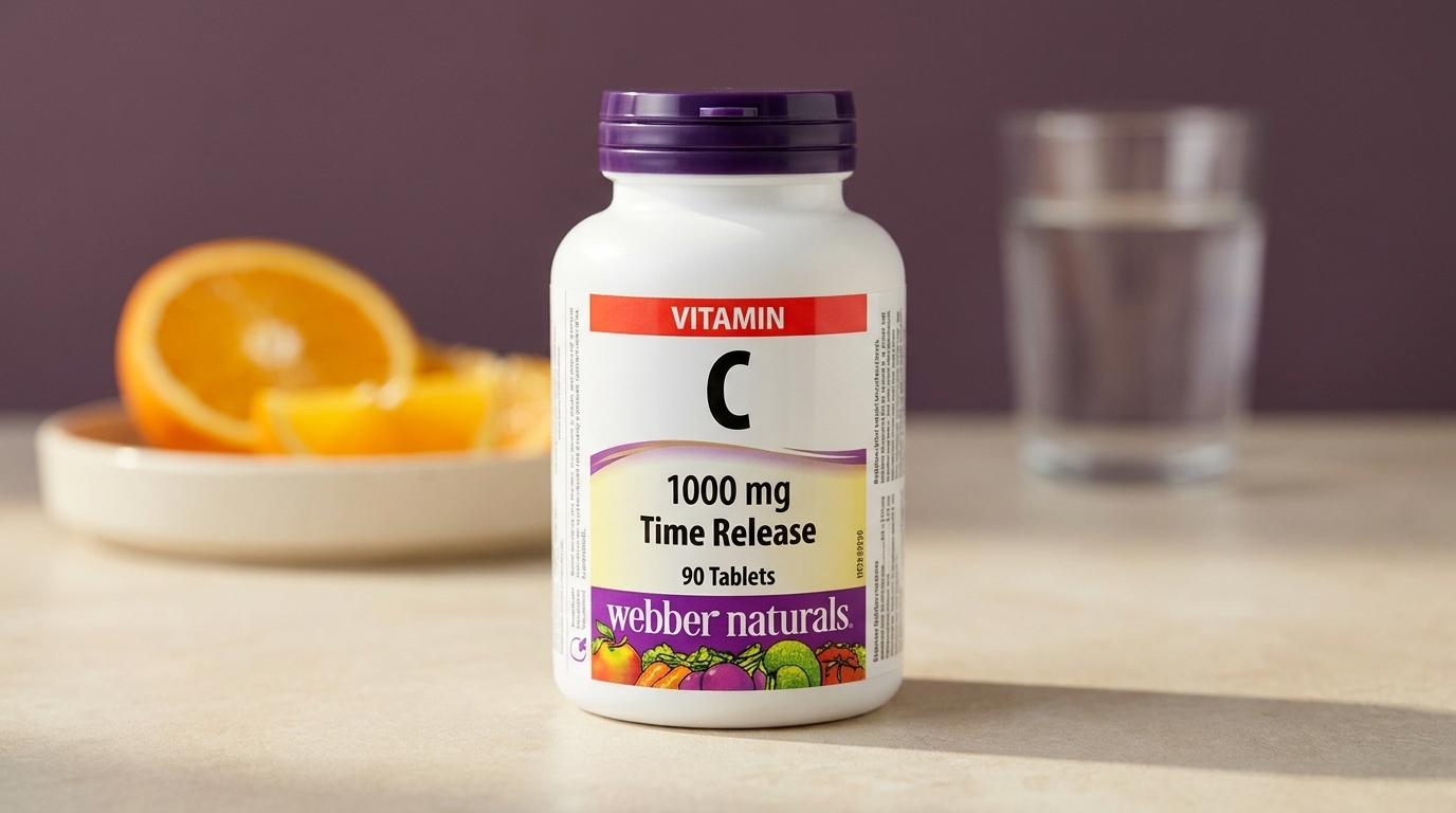 Fľaška Webber Naturals Vitamín C 1000 mg s postupným uvoľňovaním, 90 tabliet, s tmavofialovým uzáverom stojí na svetlom kameni medzi tanierikom s rozkrojeným pomarančom a pohárom vody.