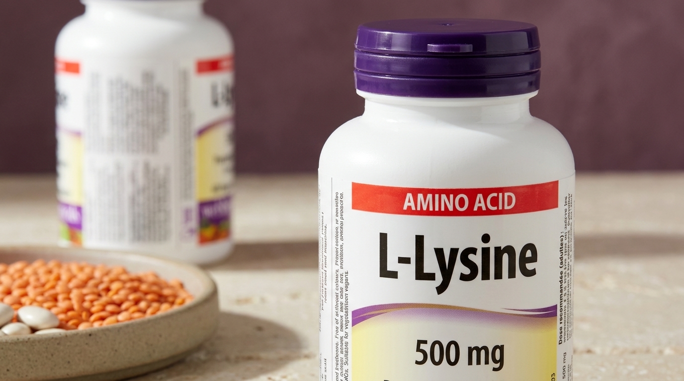 Fľaša doplnku L-Lysine 500 mg od Webber Naturals s tmavofialovým uzáverom stojí na svetlom kameni. V popredí je miska červenej šošovice a bielej fazule, v pozadí druhá fľaša z rovnakého radu.