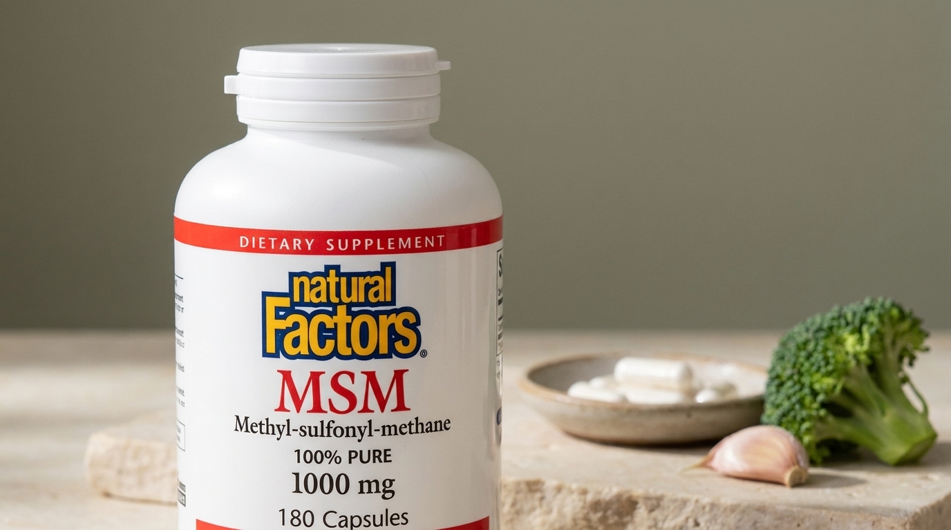 Biela fľaša Natural Factors MSM 1000 mg so 180 kapsulami na svetlom kamennom podklade, vedľa nej miska s bielymi kapsulami, ružička brokolice a strúčik cesnaku.