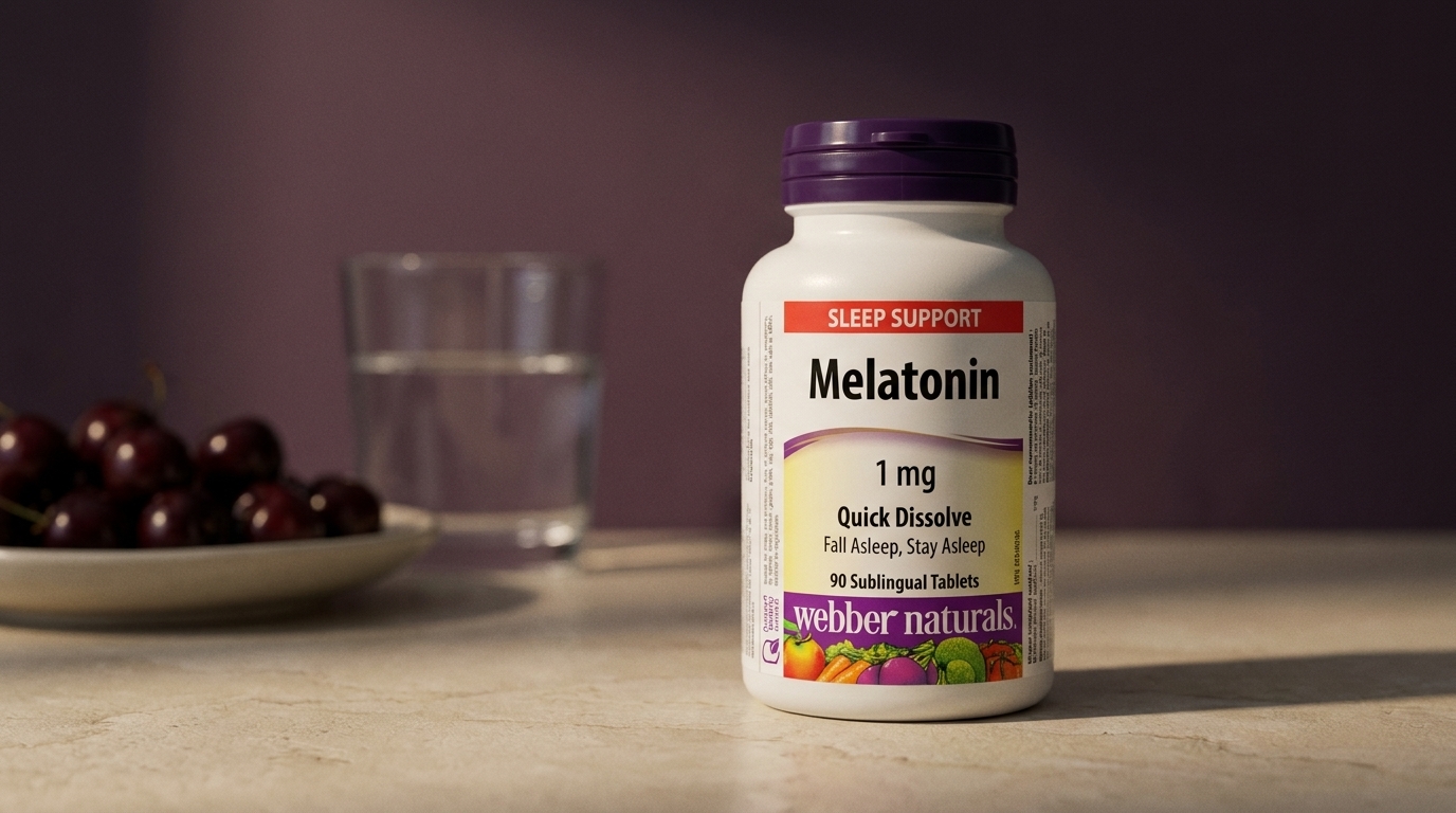 Biela fľaštička Webber Naturals Melatonin 1 mg s tmavofialovým vrchnákom na svetlom kamennom pulte, vedľa misky s višňami a pohára vody.