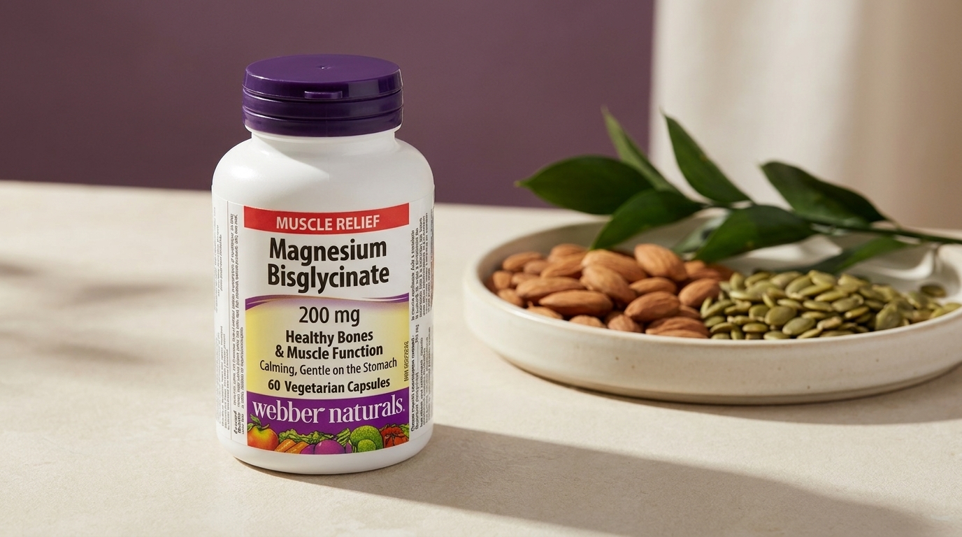 Biela fľaštička Webber Naturals Magnesium Bisglycinate 200 mg s fialovým uzáverom na svetlom kamennom stole, vedľa nej miska s mandľami a tekvicovými semienkami.