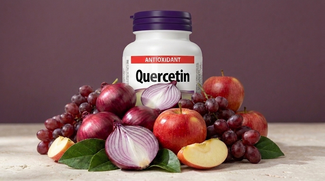 Biela fľaštička doplnku Quercetin (Kvercetín) s tmavofialovým uzáverom a červeným pruhom s nápisom ANTIOXIDANT stojí na svetlom kamennom pulte. Pred ňou sú nakopené červená cibuľa, celé aj rozkrojené jablká a strapce hrozna, medzi nimi zelené listy.