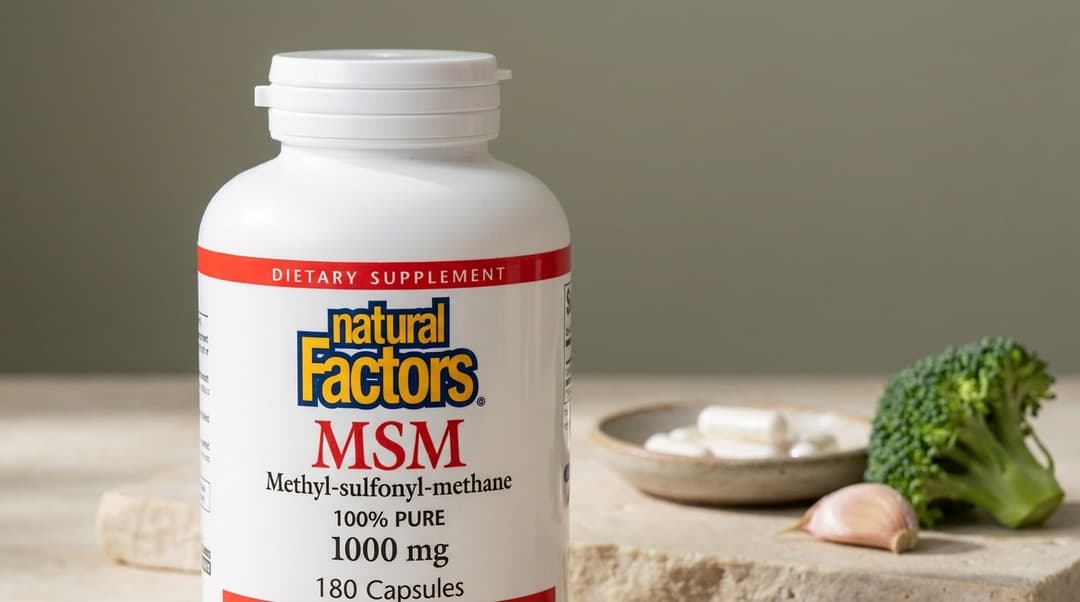Biela fľaša Natural Factors MSM 1000 mg so 180 kapsulami na svetlom kamennom podklade, vedľa nej miska s bielymi kapsulami, ružička brokolice a strúčik cesnaku.