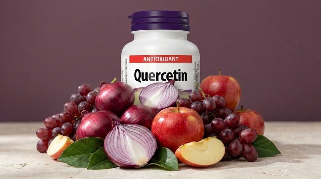 Biela fľaštička doplnku Quercetin (Kvercetín) s tmavofialovým uzáverom a červeným pruhom s nápisom ANTIOXIDANT stojí na svetlom kamennom pulte. Pred ňou sú nakopené červená cibuľa, celé aj rozkrojené jablká a strapce hrozna, medzi nimi zelené listy.